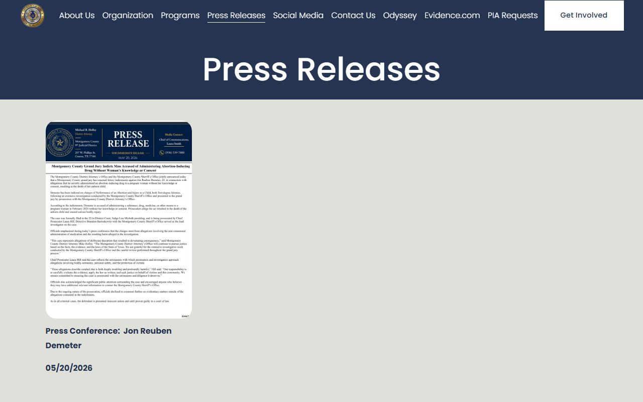 Montgomery County District Attorney press releases tied to District Clerk felony court records