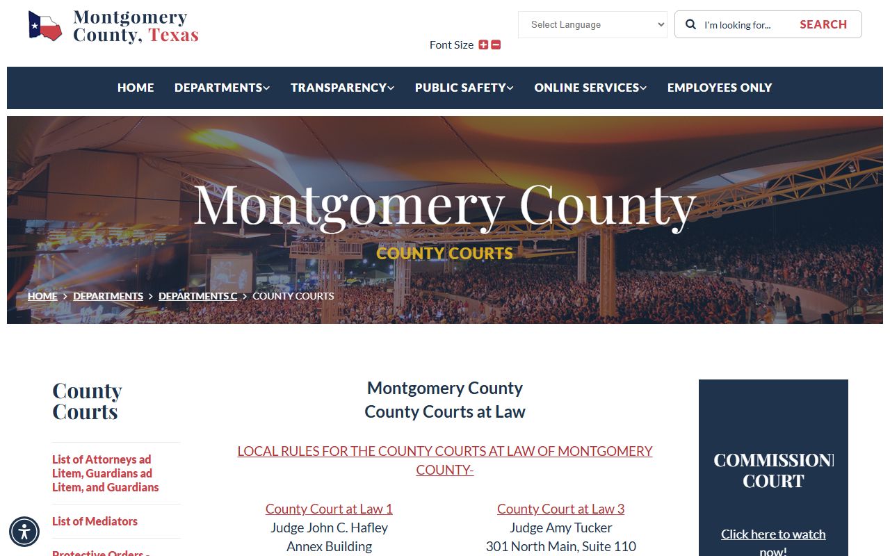 Montgomery County courts at law page listing each county court at law and judge