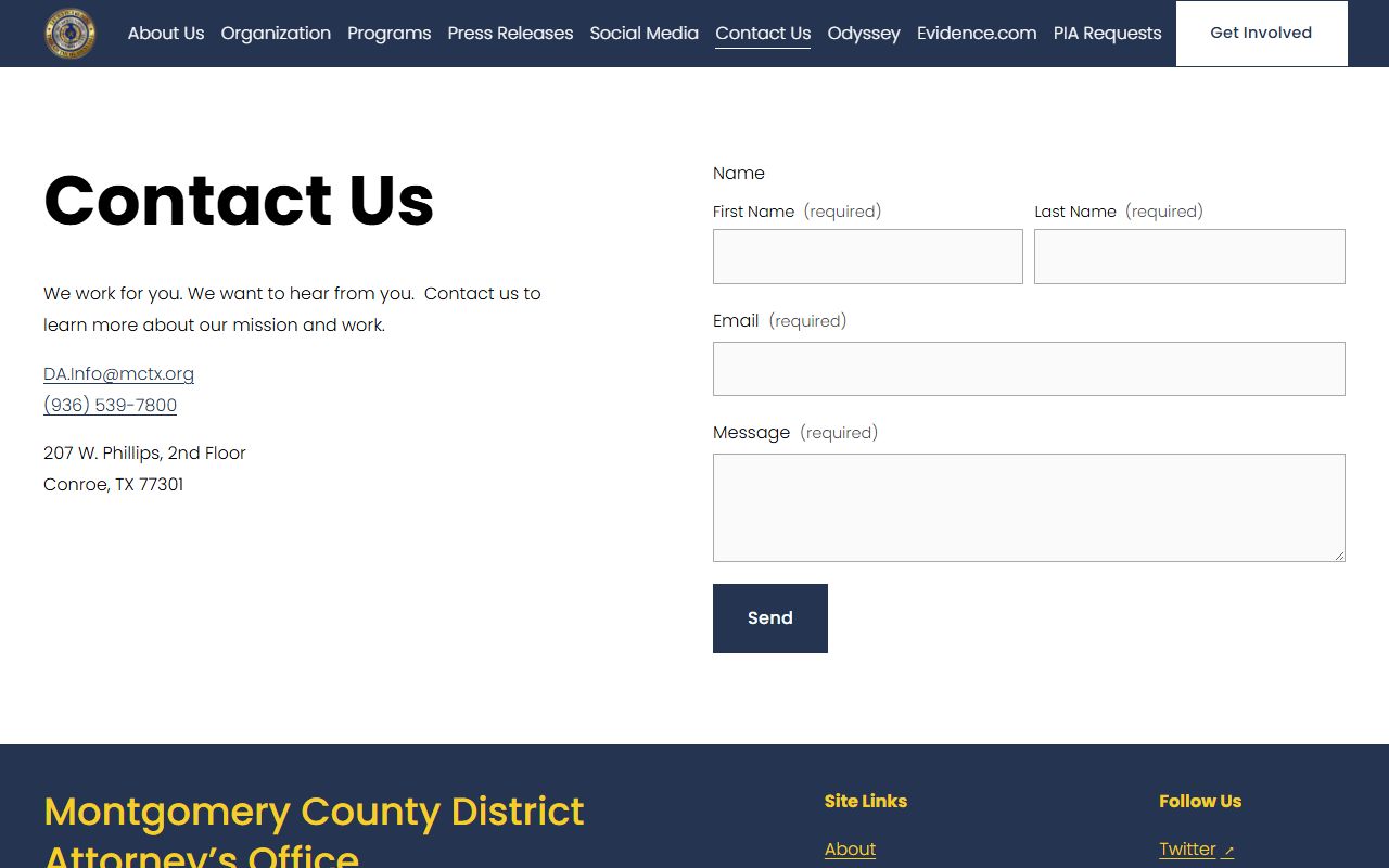 Montgomery County arrest records contact details on the District Attorney contact page