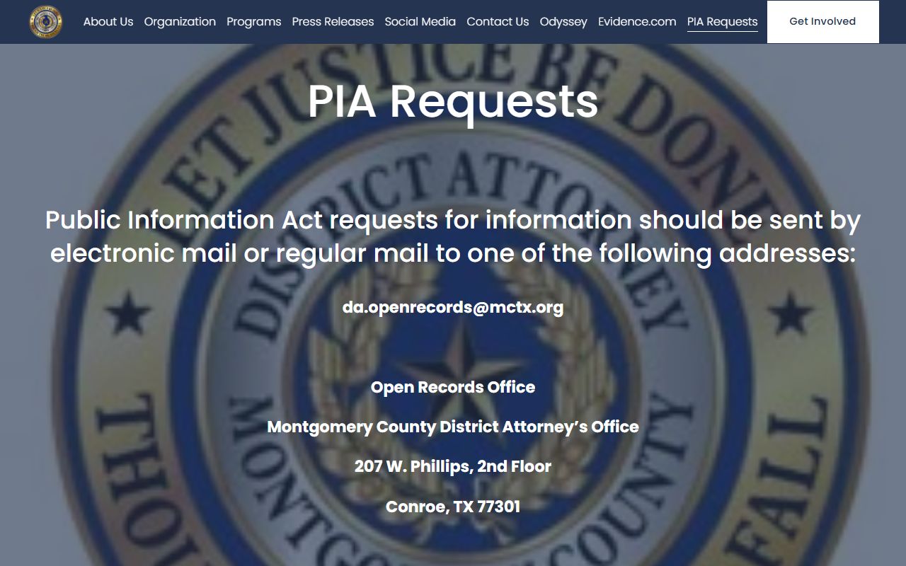 Montgomery County criminal records request through the District Attorney Public Information Act page