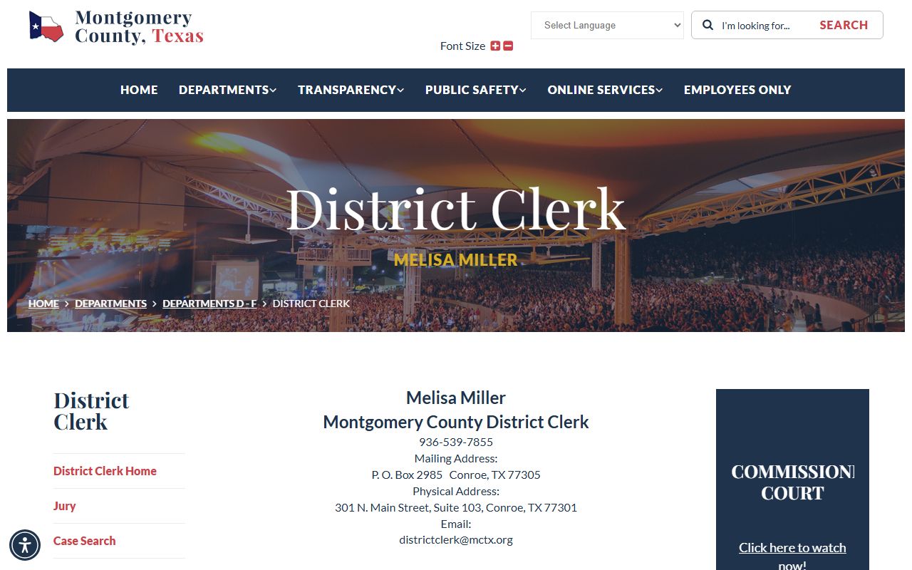 Montgomery County District Clerk page naming the custodian of district court records
