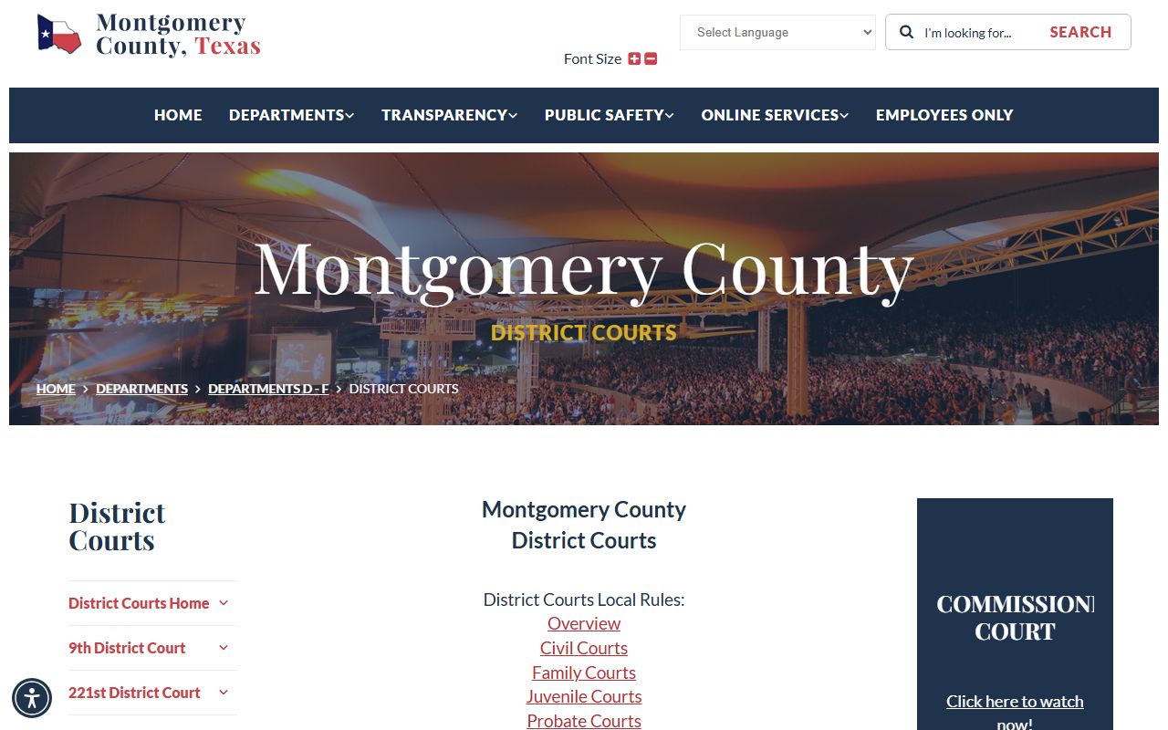 Montgomery County district courts page listing the eight numbered district courts