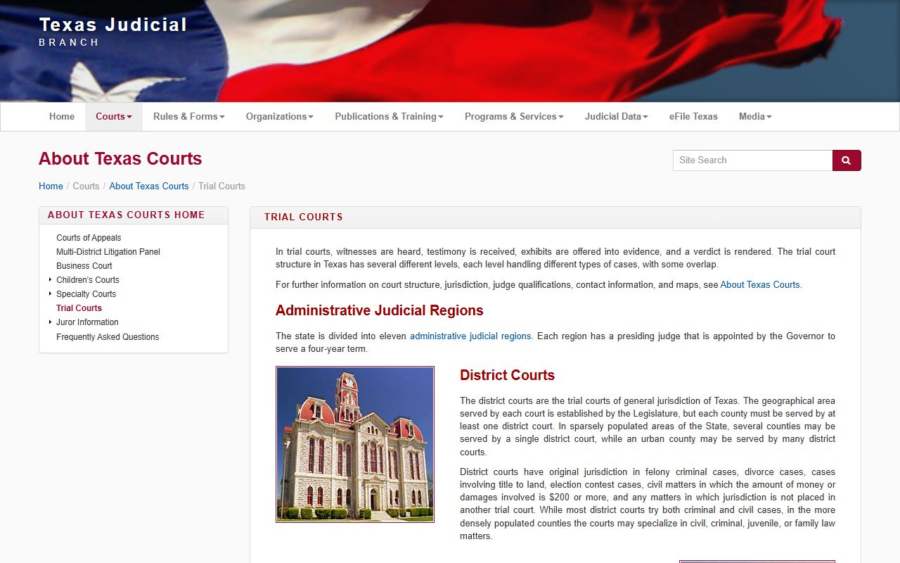 Texas Judicial Branch trial courts page covering Montgomery County district court duties