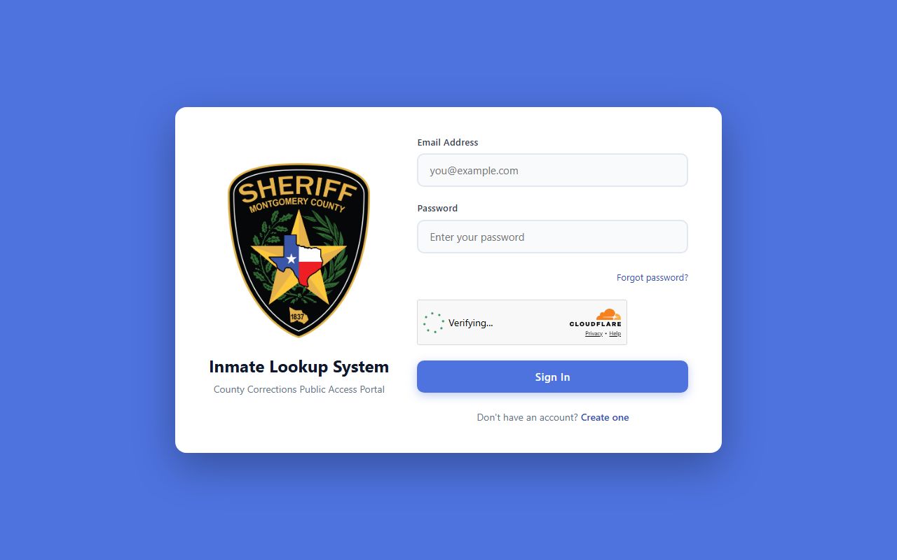 Montgomery County inmate search portal login screen for the jail roster