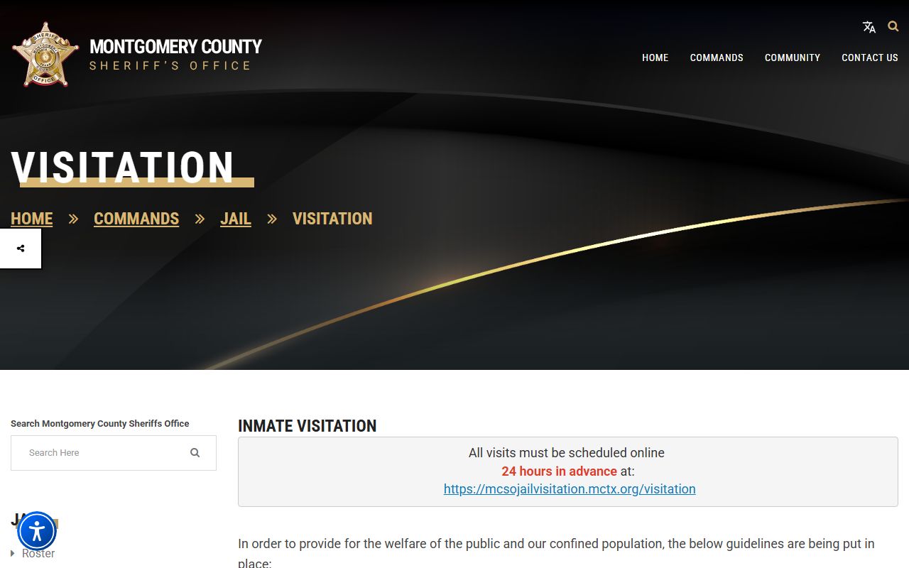 Montgomery County jail visitation page with online scheduling and inmate visit rules