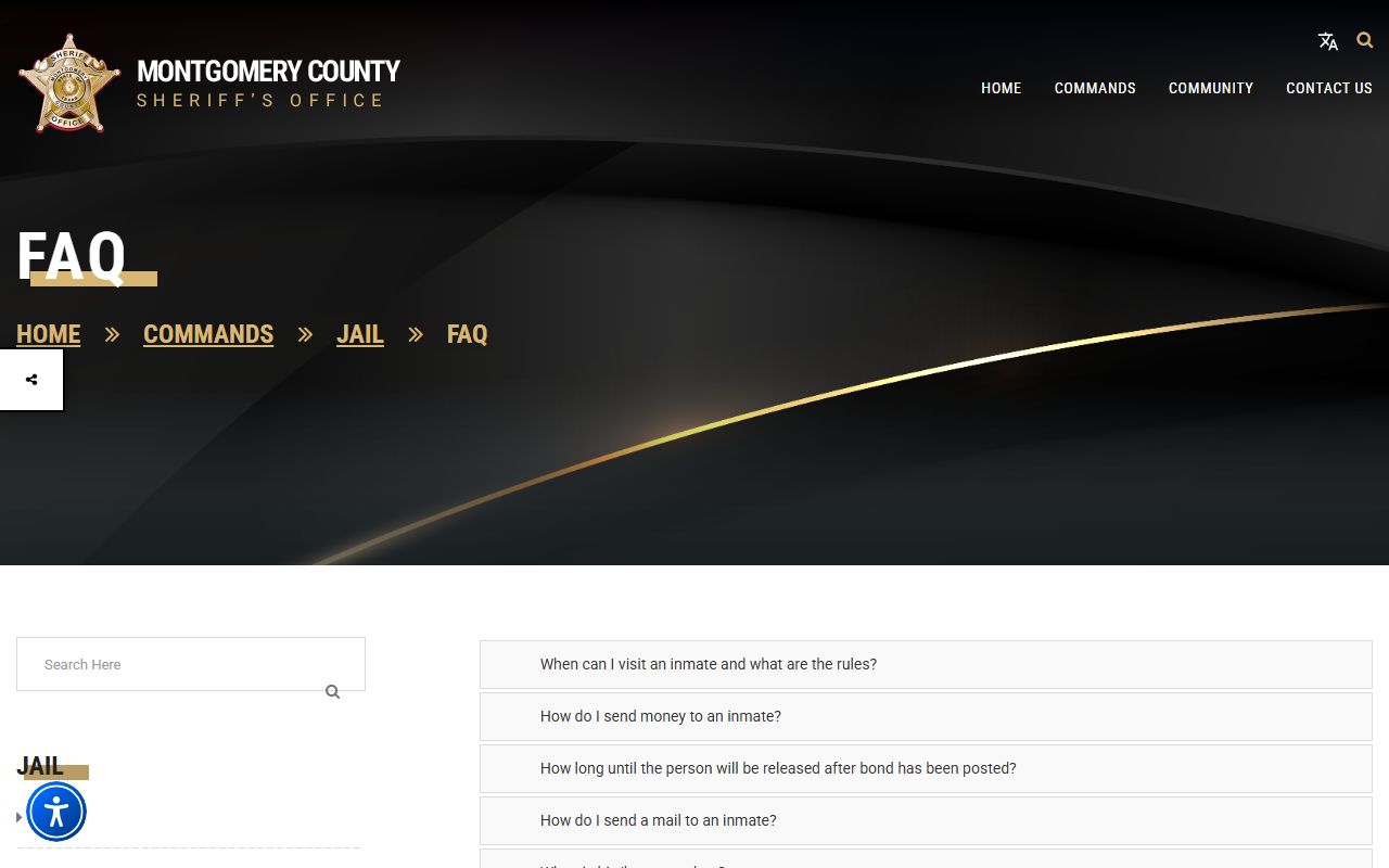 Montgomery County jail FAQ covering inmate mail, money, and release rules