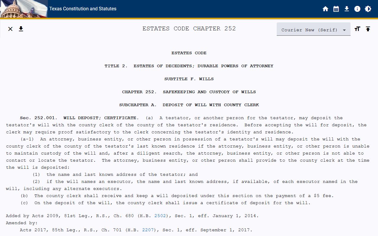 Montgomery County probate records rule for wills deposited under Estates Code Chapter 252
