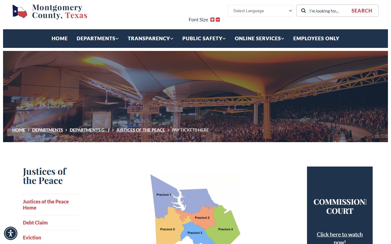 Montgomery County traffic citation payment page listing each JP precinct