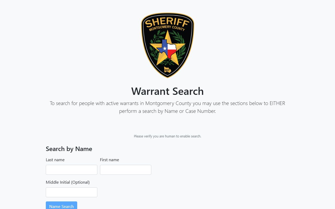 Montgomery County active warrant search portal with name and warrant number lookup