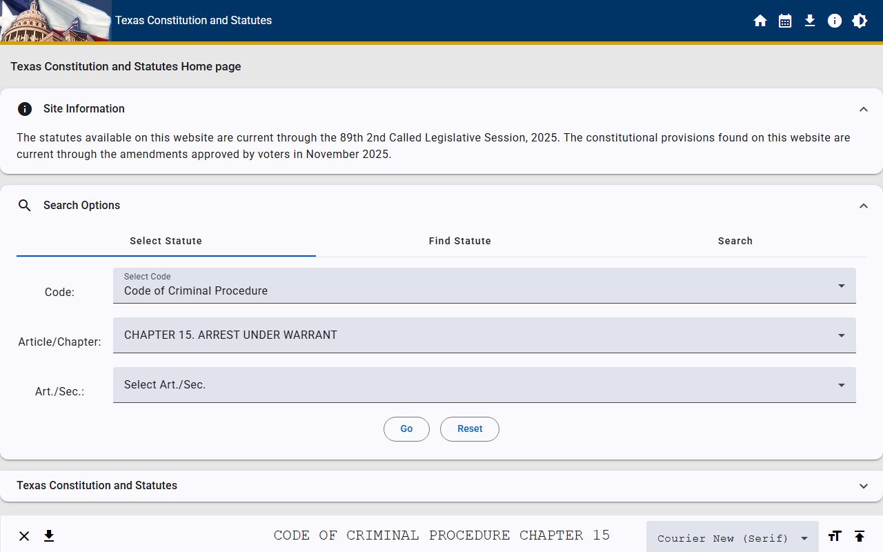 Texas Code of Criminal Procedure Chapter 15 governing Montgomery County arrest warrants and capias