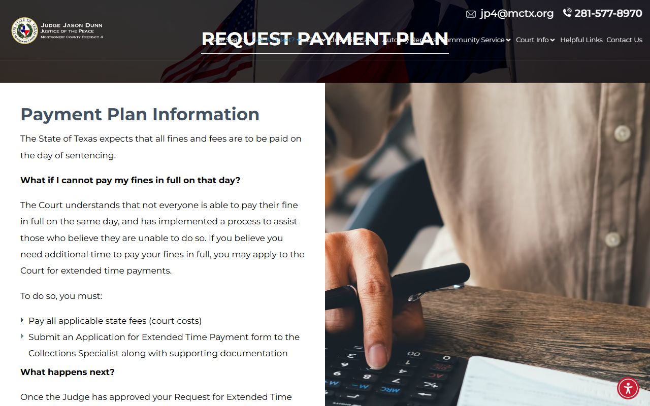 Montgomery County JP4 page explaining payment plans tied to traffic warrants